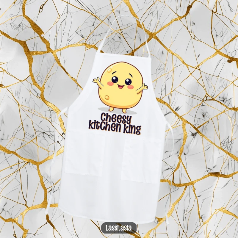Funny smiling cheese puff character with little arms gesturing wildly on an apron, designed for kitchen fun.