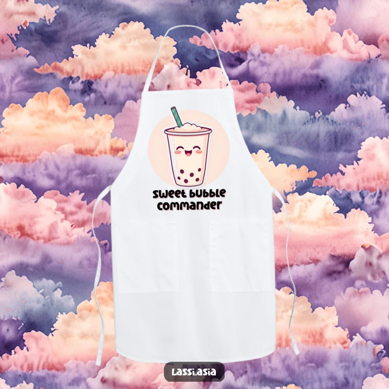 Funny cheerful cup of boba tea with a straw wiggling joyfully on an apron, designed for kitchen fun.