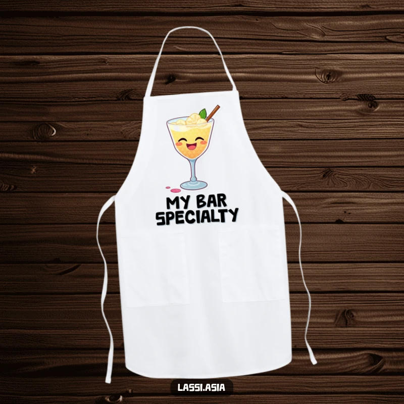 Funny apron with a laughing cocktail and glittery shimmer playfully spilling, designed for festive hosting and humorous cooking.