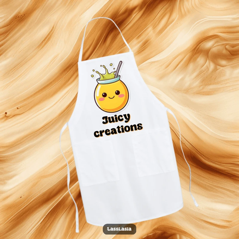 Funny juice apron showing a cheerful container character splashing outwards, ideal for kitchen adventures.