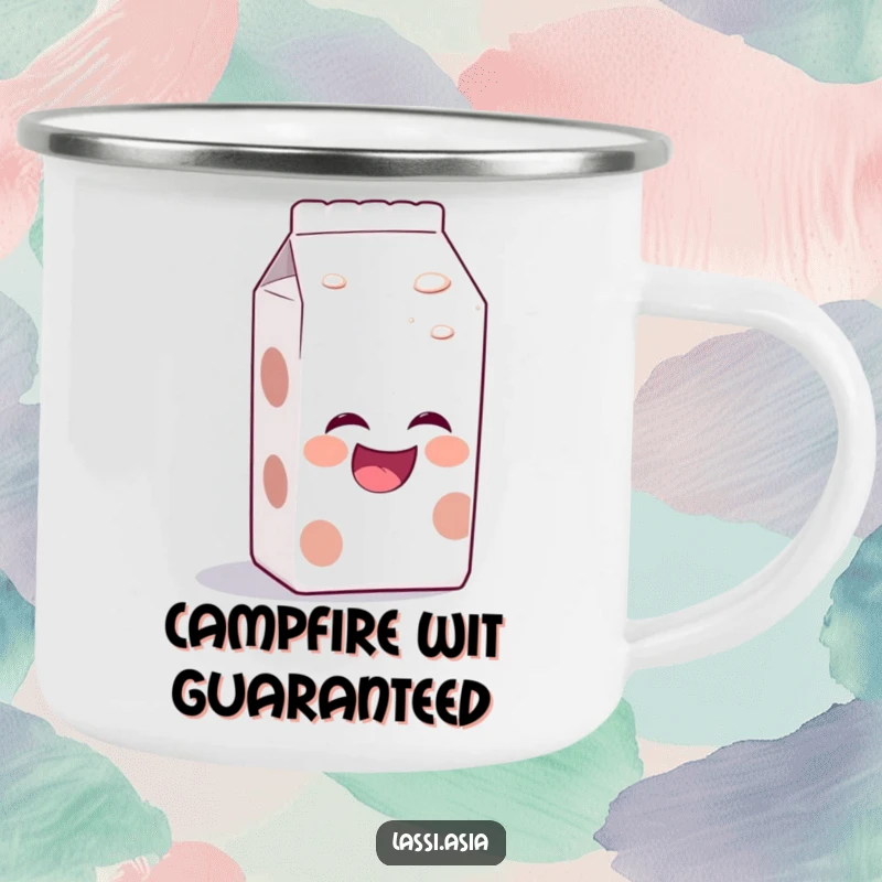 Funny laughing milk carton with bubbly aura, leaning forward as if telling a joke on a camping mug.