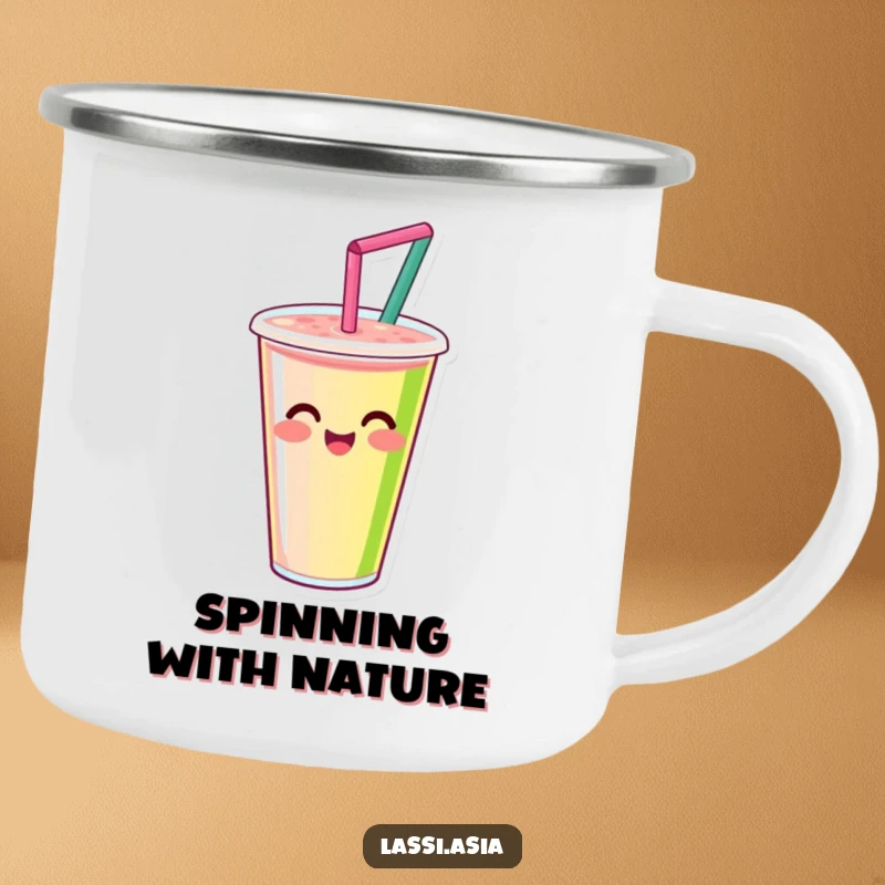 Funny smiling smoothie cup with straw, happily spinning with vibrant colors on a camping mug, ready for adventure.