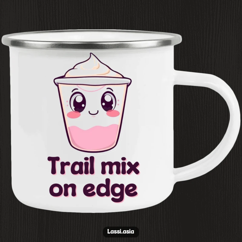 Funny wobbling yogurt cup character with curious eyes, tipping over slightly on a metal camping mug, ready for adventure.