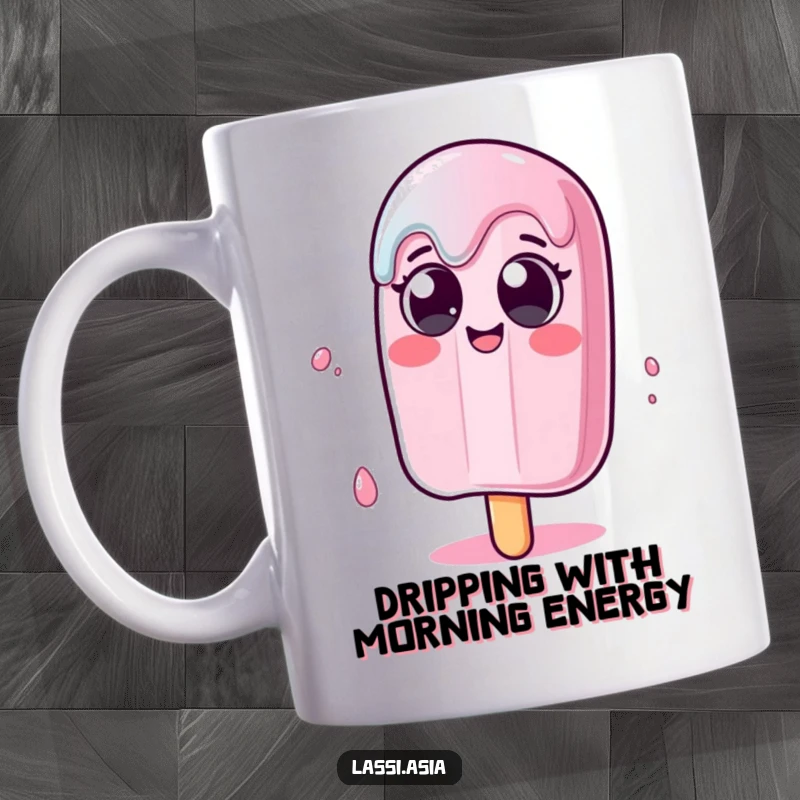 Funny melting popsicle character with wide eyes wobbling humorously on a mug, perfect for a quirky gift.