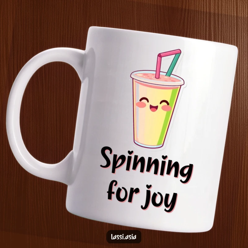 Funny smiling smoothie cup with straw, happily spinning with vibrant colors on a mug, radiating pure joy.