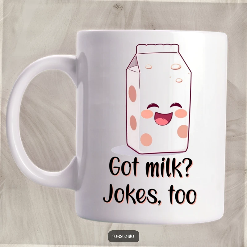 Funny laughing milk carton with bubbly aura, leaning forward as if telling a joke on a mug.