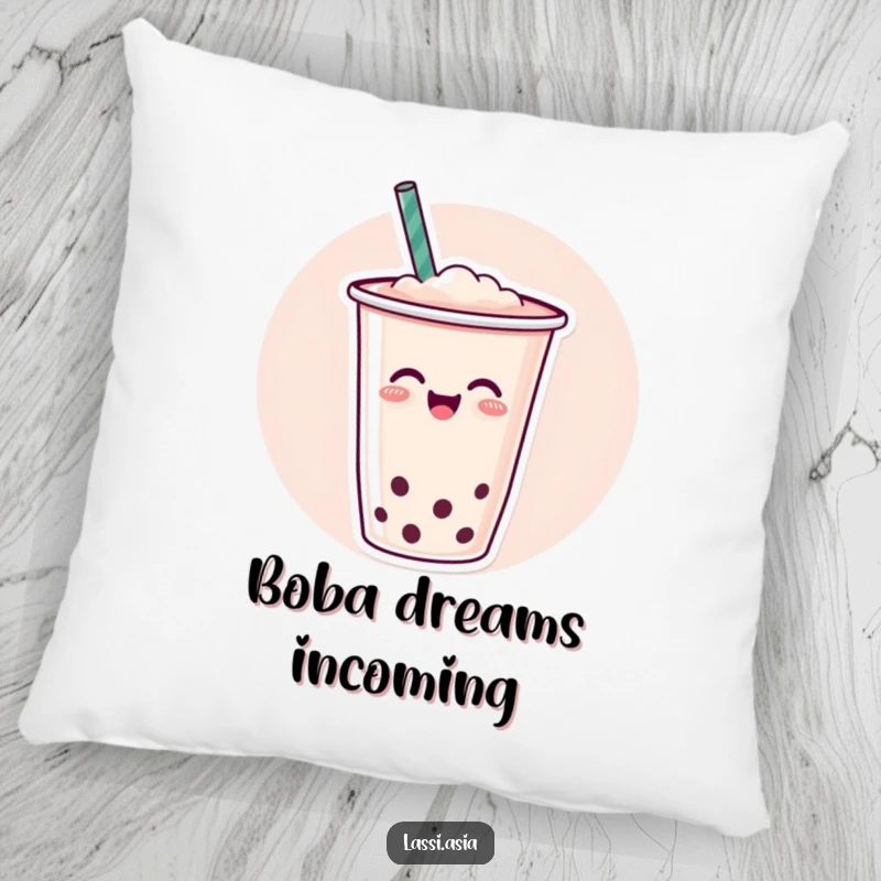 Funny cheerful cup of boba tea with a straw wiggling joyfully on a soft pillow, adding comfort.