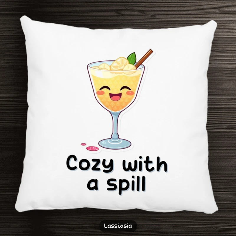 Funny pillow displaying a laughing cocktail with glittery shimmer playfully spilling, offering whimsical comfort and party vibes.
