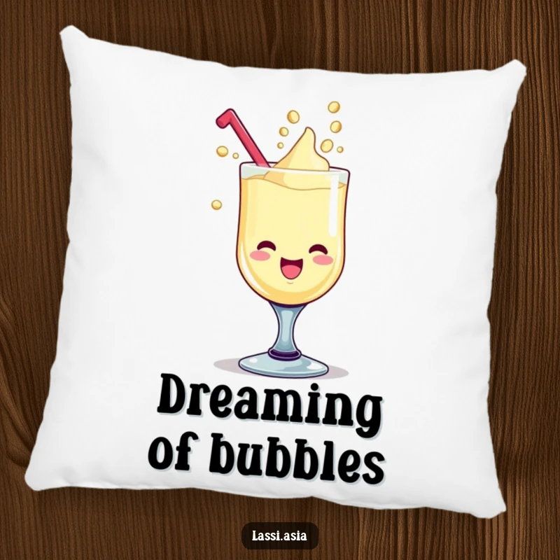 Funny delighted lassi goblet with giggling liquid drops forming playful shapes on a pillow.