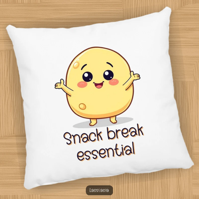 Funny smiling cheese puff character with little arms gesturing wildly on a soft pillow, adding comfort.