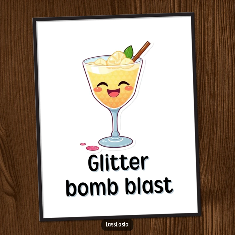 Funny digital art print of a laughing cocktail with a dazzling glittery shimmer, playfully spilling a small amount, embodying pure festivity.