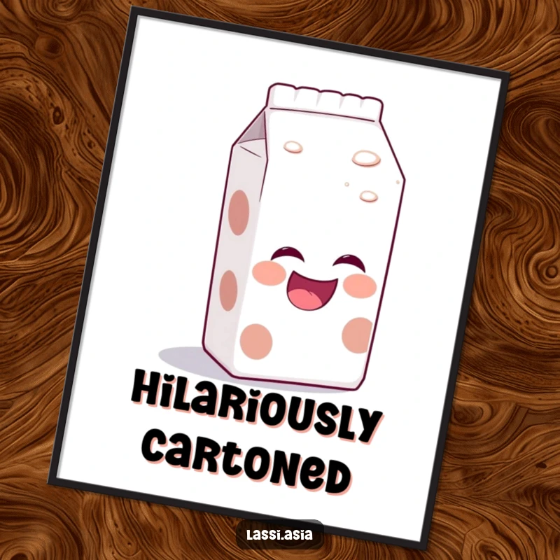 Funny laughing milk carton with bubbly aura, leaning forward as if telling a joke as a digital art print.