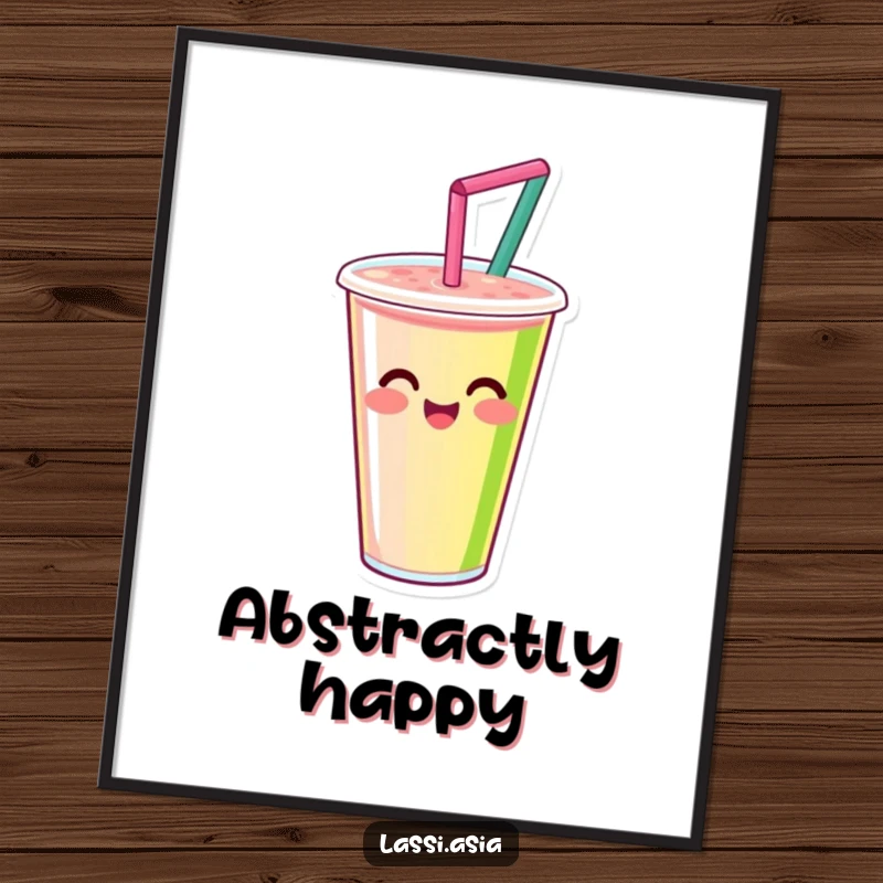 Funny smiling smoothie cup with straw, happily spinning with vibrant colors as a digital art print.