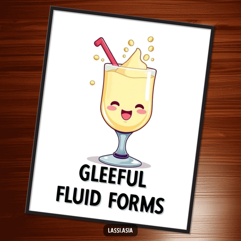 Funny delighted lassi goblet with giggling liquid drops forming playful shapes as a digital art print.