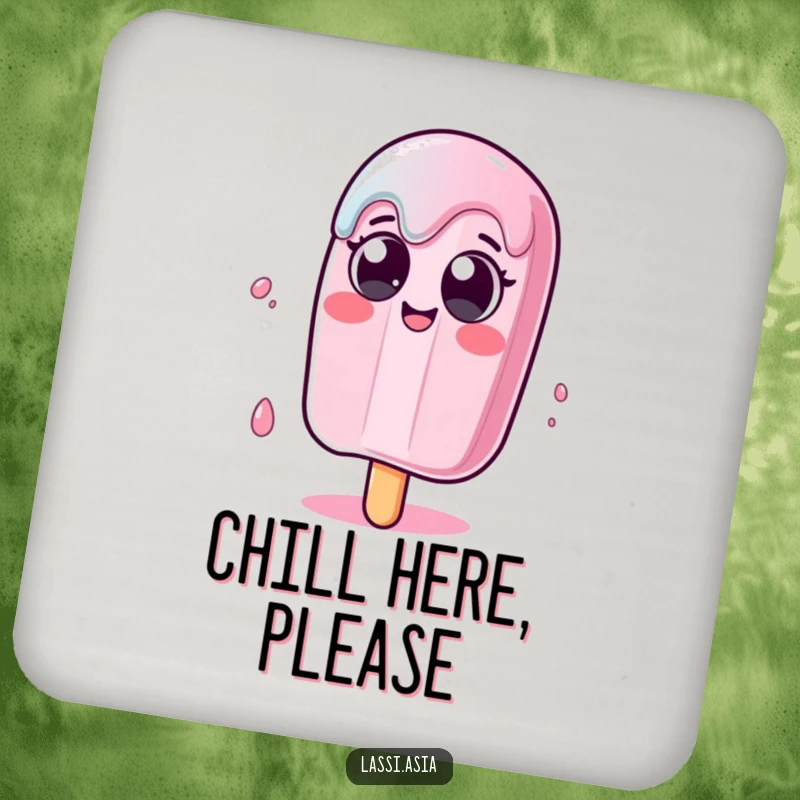 Funny melting popsicle character with wide eyes wobbling humorously on a drink coaster, protecting furniture.
