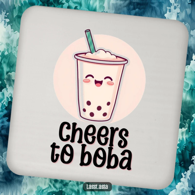 Funny cheerful cup of boba tea with a straw wiggling joyfully on a drink coaster, safeguarding surfaces.