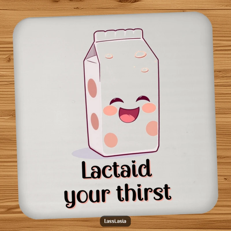 Funny laughing milk carton with bubbly aura, leaning forward as if telling a joke on a drink coaster.