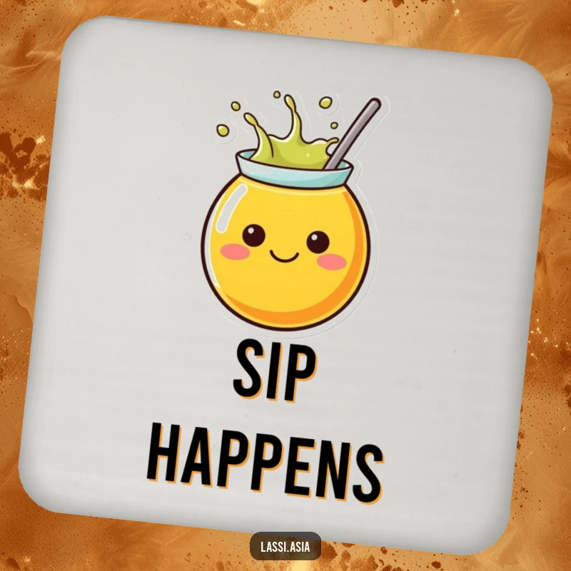 Funny juice coaster with a cheerful character splashing outwards, providing humorous protection for tables.