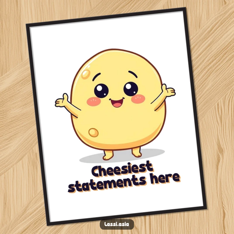 Funny smiling cheese puff character with little arms gesturing wildly on a poster, full of life.