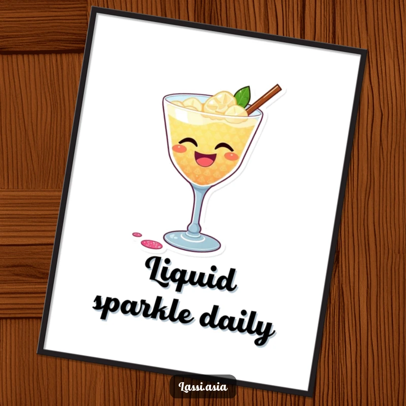 Funny poster illustrating a laughing cocktail with a dazzling glittery shimmer, playfully spilling a small amount, embodying pure festive spirit.
