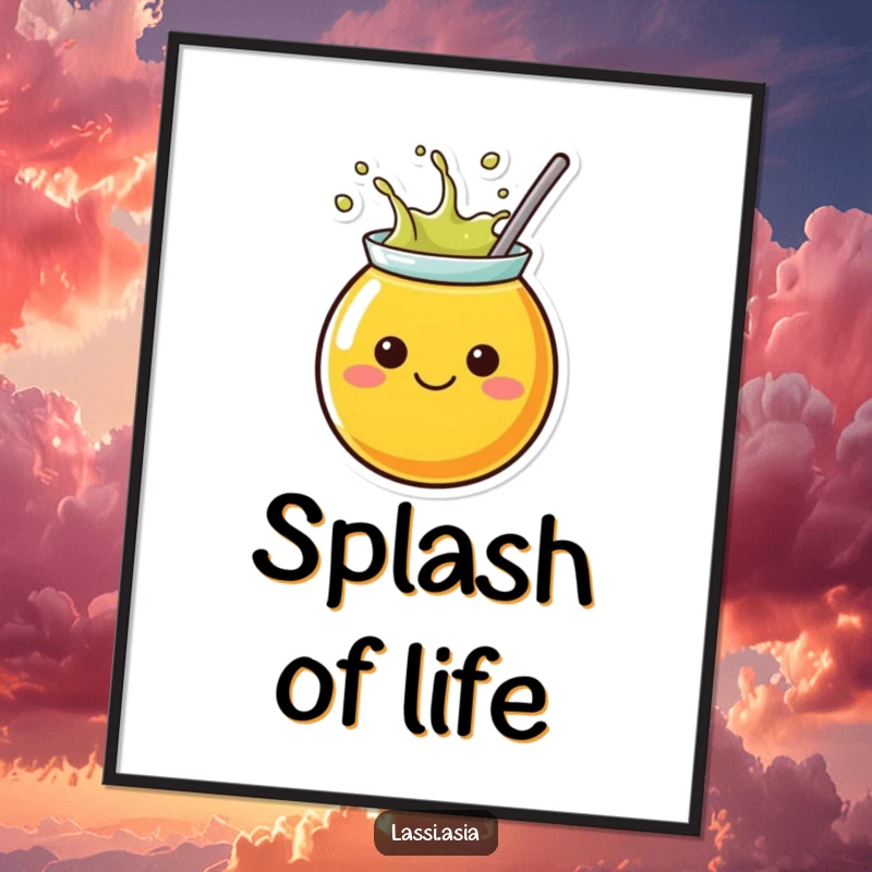 Funny juice poster showing a cheerful, round character splashing liquid outwards, symbolizing joy and vibrant energy.