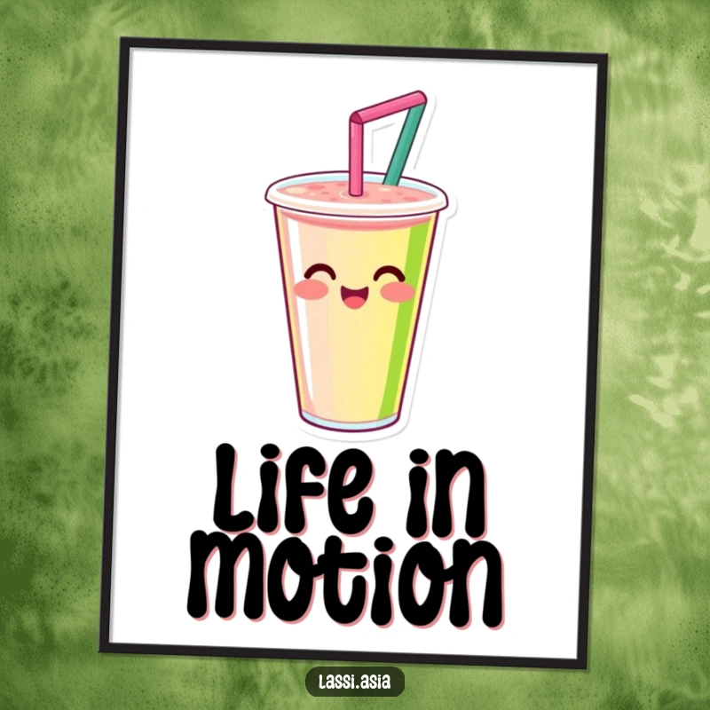 Funny smiling smoothie cup with straw, happily spinning with vibrant colors as a poster, bringing energetic art.