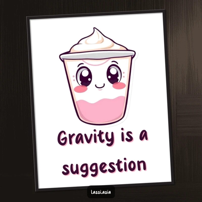 Funny wobbling yogurt cup character with curious eyes, tipping over slightly framed as a poster, adding playful decor.