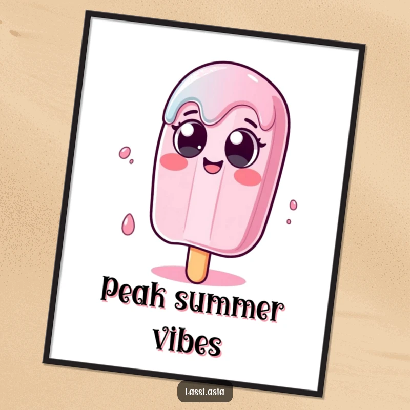 Funny melting popsicle character with wide eyes wobbling humorously on a poster, adding humor to any room.