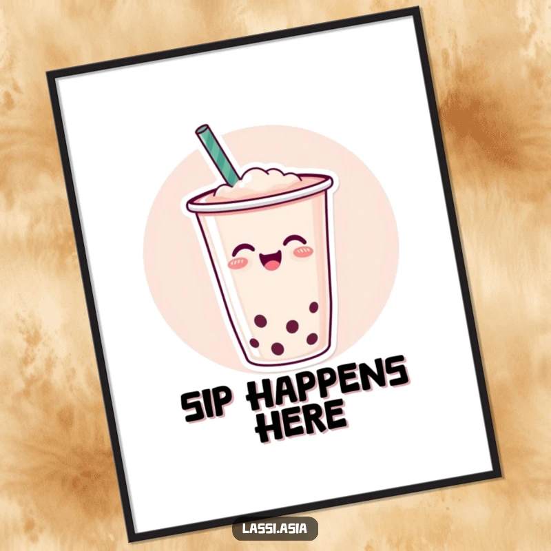 Funny cheerful cup of boba tea with a straw wiggling joyfully on a poster, bringing cheer.