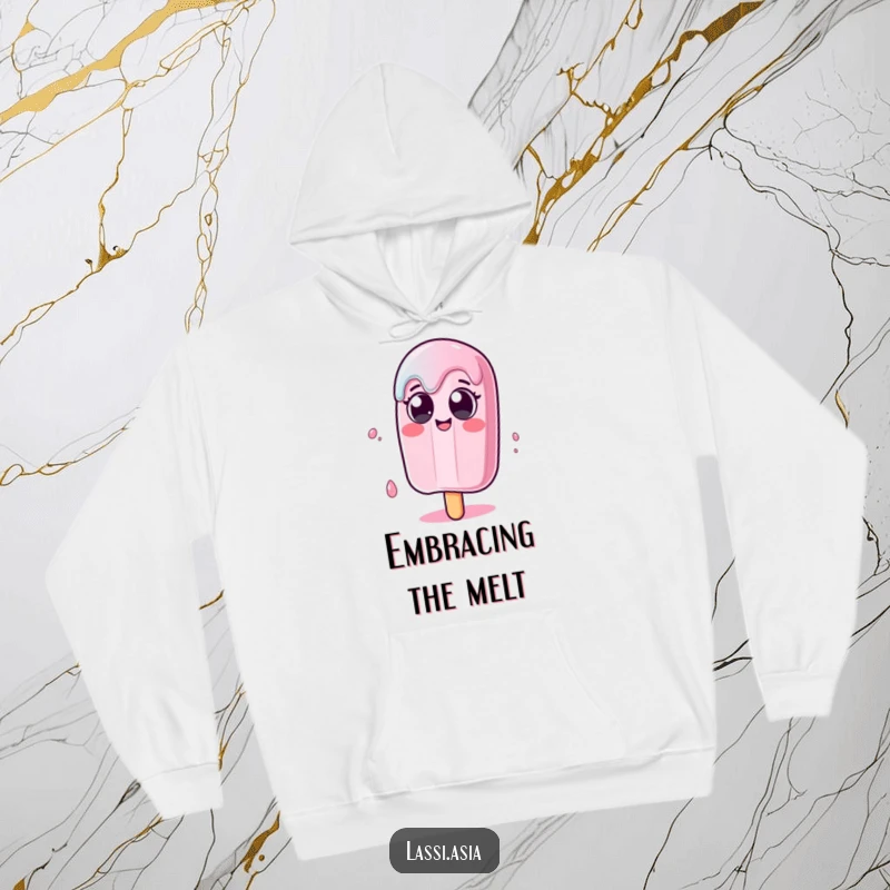 Funny melting popsicle character with wide eyes wobbling humorously on a cozy hoodie, perfect for cold days.