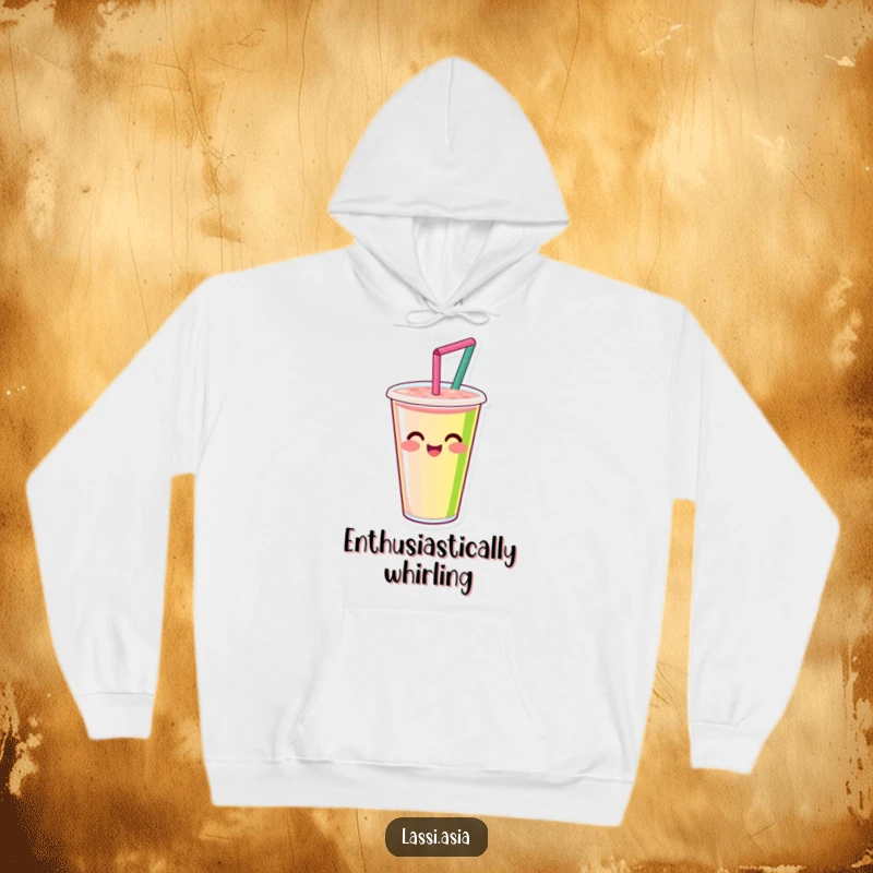 Funny smiling smoothie cup with straw, happily spinning with vibrant colors on a hoodie, perfect for cozying up.