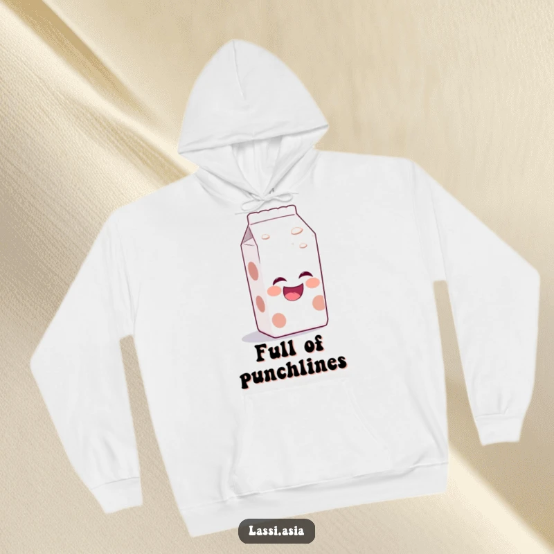 Funny laughing milk carton with bubbly aura, leaning forward as if telling a joke on a hoodie.