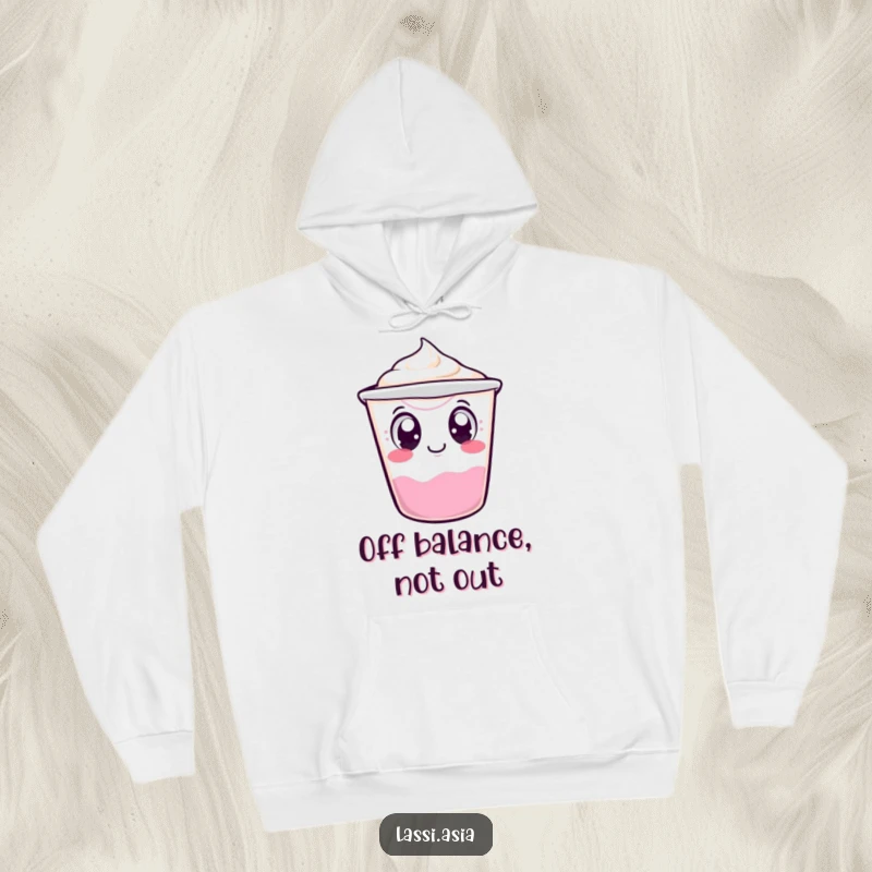 Funny wobbling yogurt cup character with curious eyes, tipping over slightly on a hoodie, offering warmth and humor.