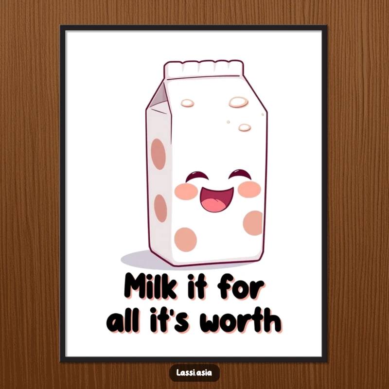 Funny Free Printable wall art: a laughing milk carton with a bubbly aura, leaning forward as if sharing a hilarious joke.