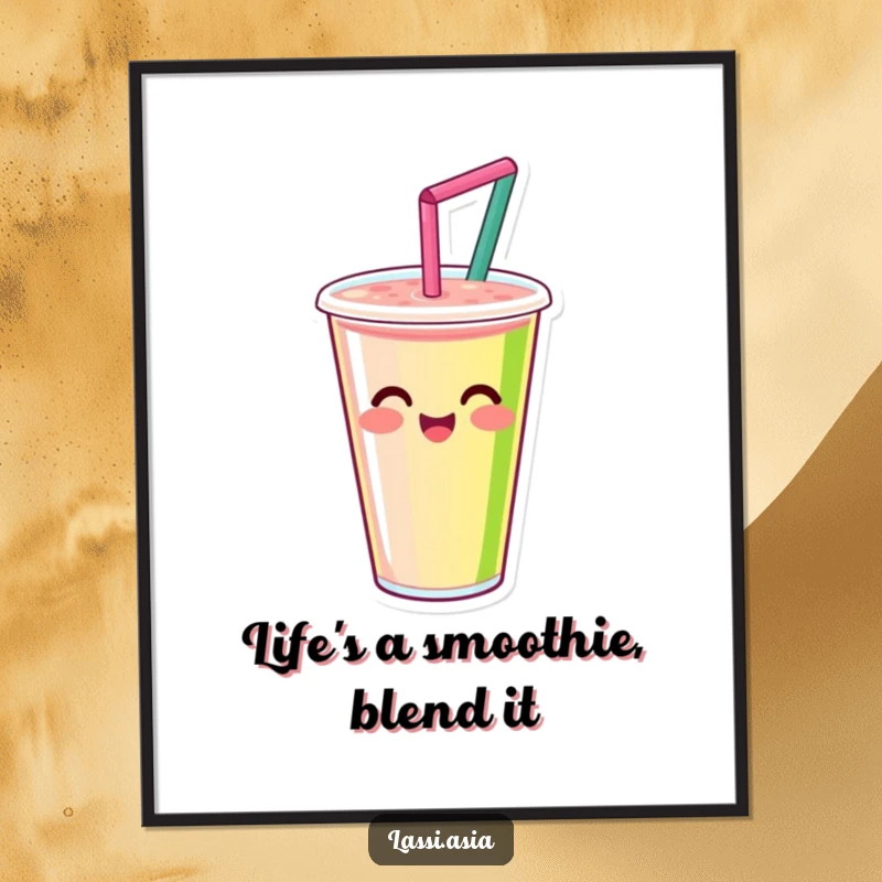 Funny Free Printable wall art: a smiling smoothie cup with a straw, joyfully spinning with bright, vibrant colors.