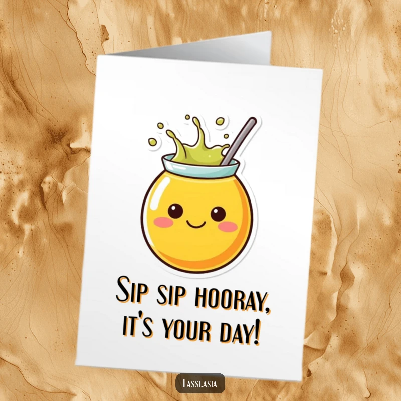 Funny Free Printable Birthday Card: A round, cheerful juice container character with eyes and mouth, joyfully splashing liquid outwards.
