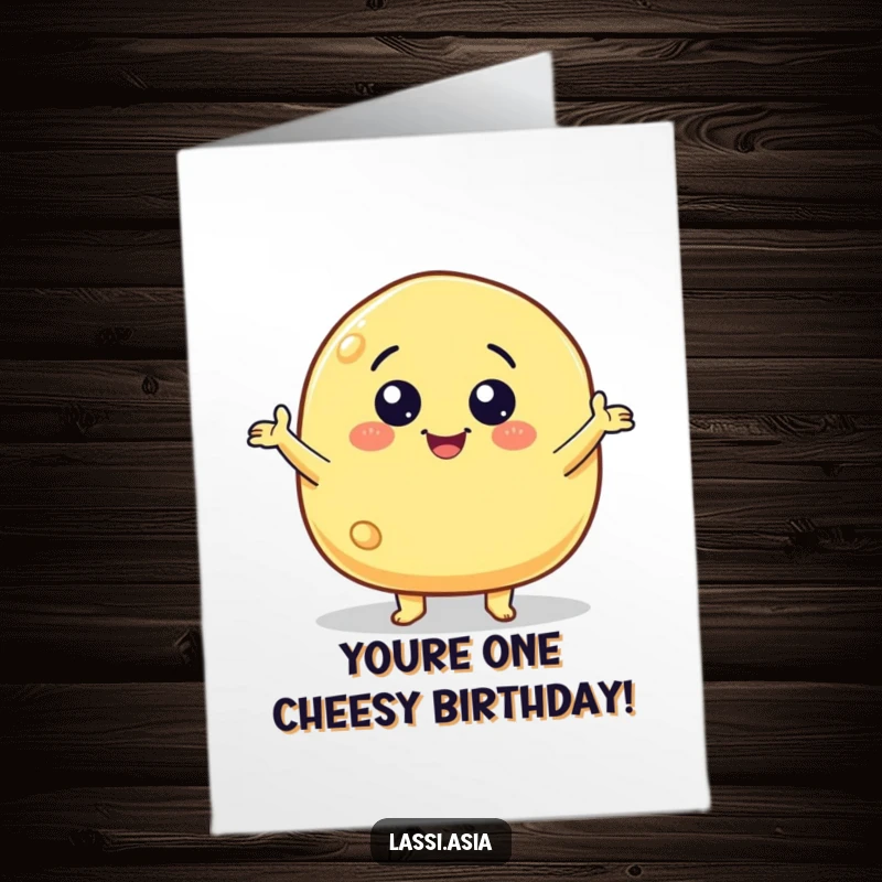 Funny Free Printable Birthday Card: A smiling cheese puff character with small arms gesturing wildly in celebration.