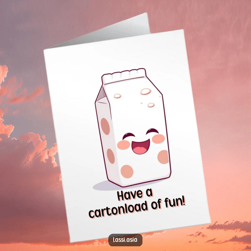 Funny Free Printable birthday card featuring a laughing milk carton character with a bubbly aura, leaning in to tell a joke.