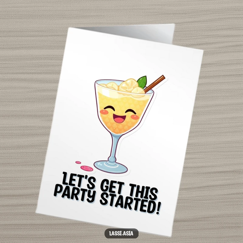 Funny Free Printable birthday card of a laughing cocktail glass with glittery shimmer, accidentally spilling a tiny drop.