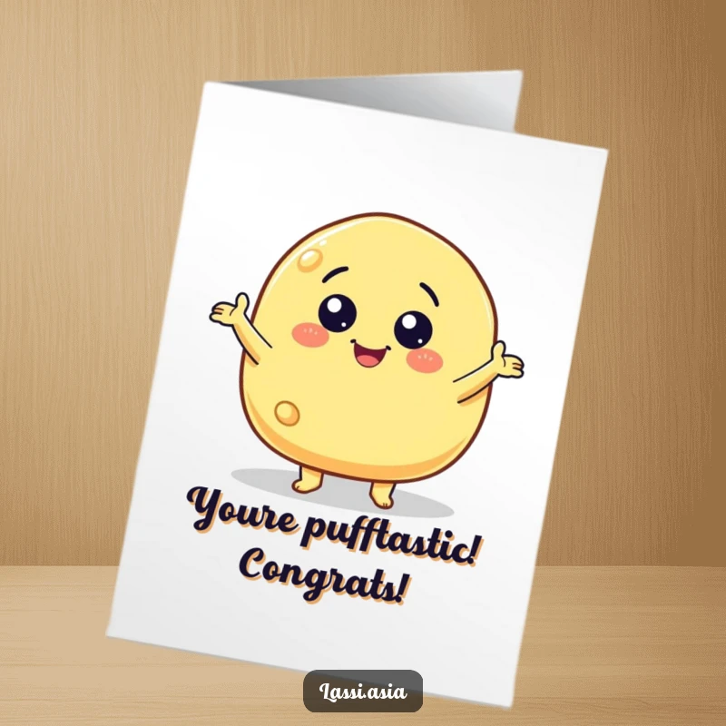 Funny Free Printable Congrats Card: A smiling cheese puff character with small arms gesturing wildly with cheesy excitement.