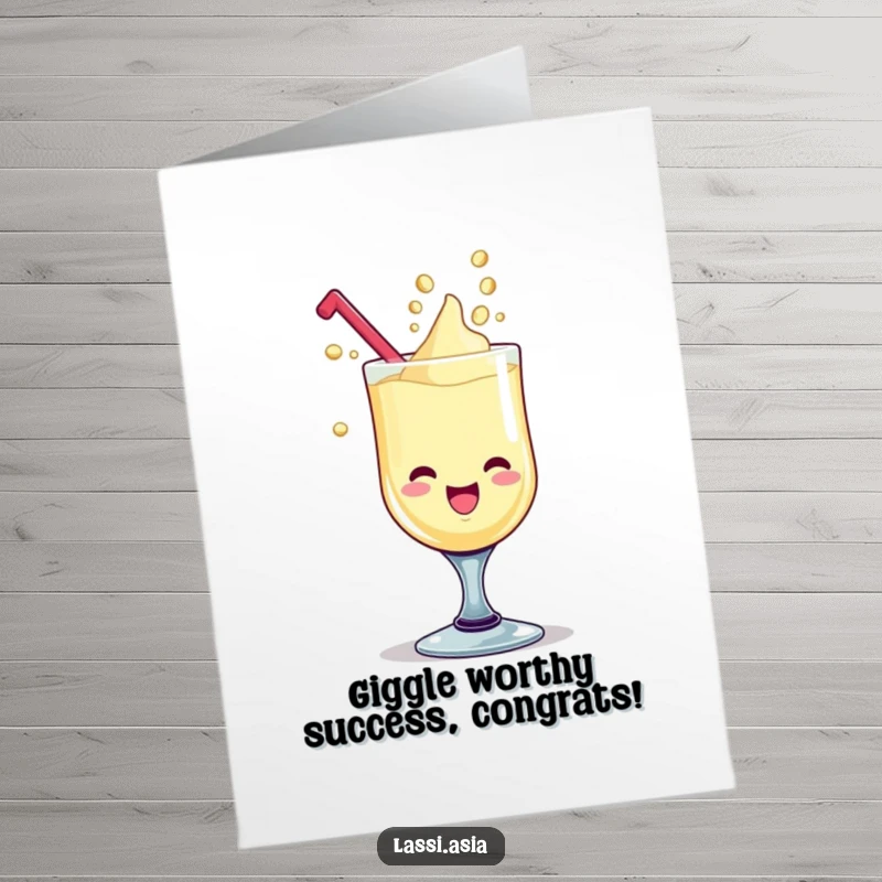 Funny Free Printable congratulations card: a delighted lassi goblet giggling, with liquid drops playfully shaped to signify success.