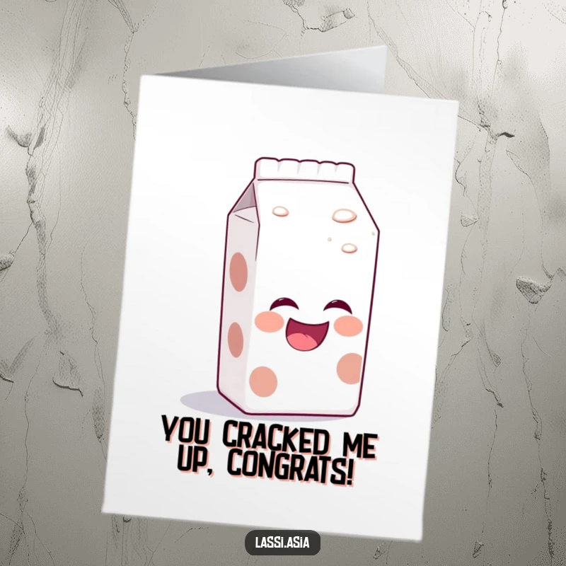 Funny Free Printable congratulations card of a laughing milk carton with a bubbly aura, leaning forward to share good news.