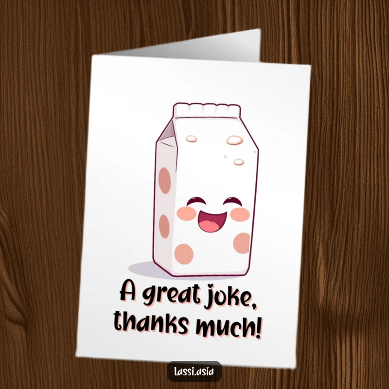 Funny Free Printable thank you card: a laughing milk carton character with a bubbly aura, playfully telling a joke.