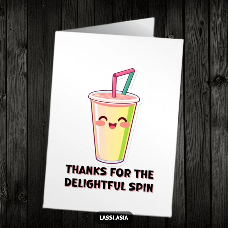 Funny Free Printable thank you card: a smiling smoothie cup with a straw, spinning happily to express swirling gratitude.