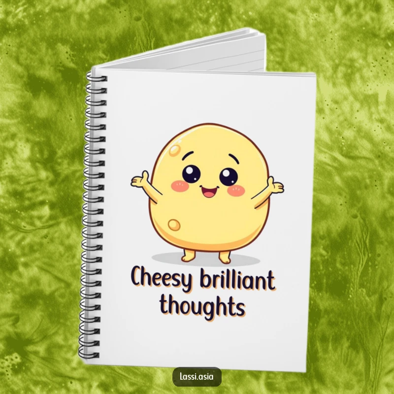 Funny smiling cheese puff character with little arms gesturing wildly on a notebook, for all your ideas.