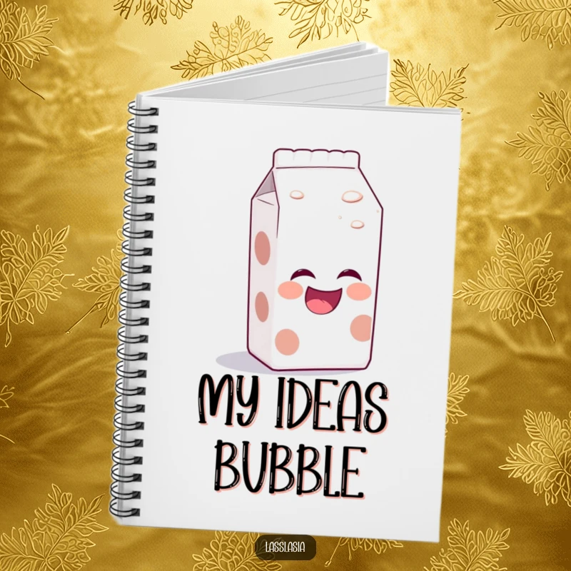 Funny laughing milk carton with bubbly aura, leaning forward as if telling a joke on a notebook.