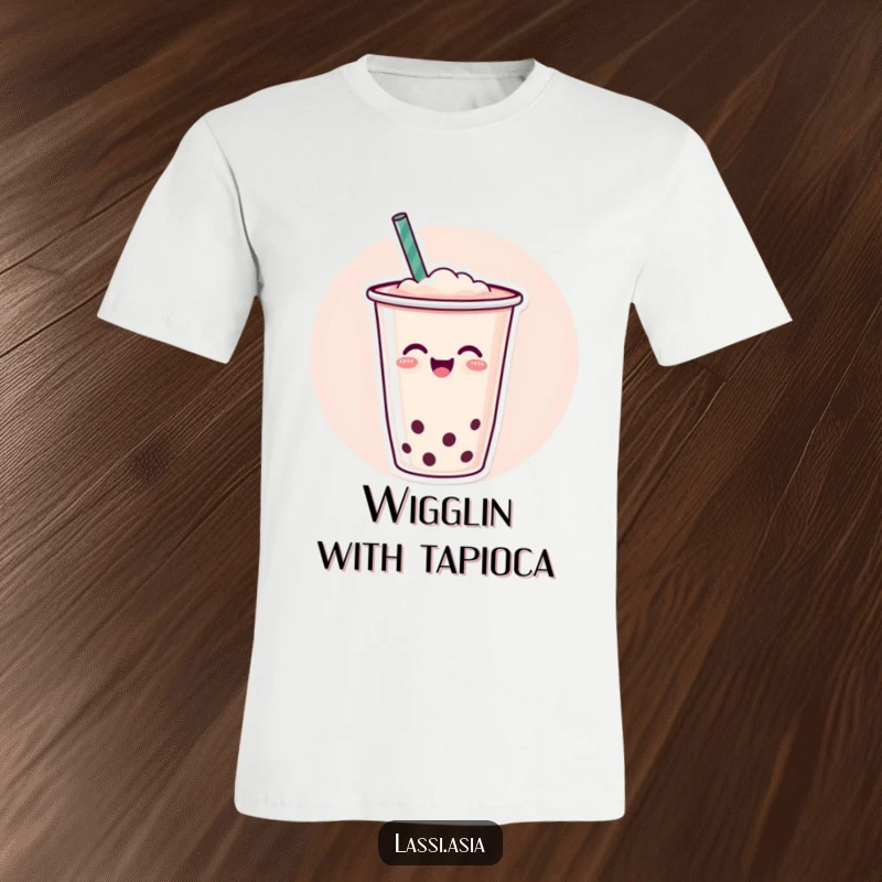 Funny cheerful cup of boba tea with a straw wiggling joyfully on a t-shirt, radiating happiness.