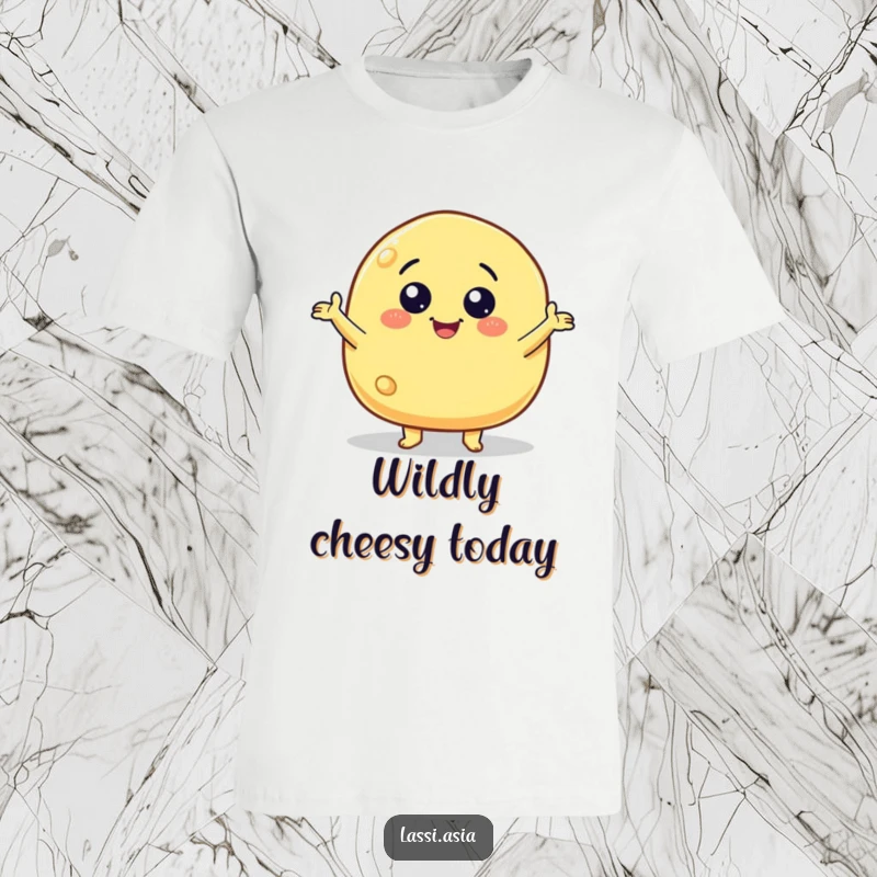Funny smiling cheese puff character with little arms gesturing wildly on a t-shirt, full of energy.