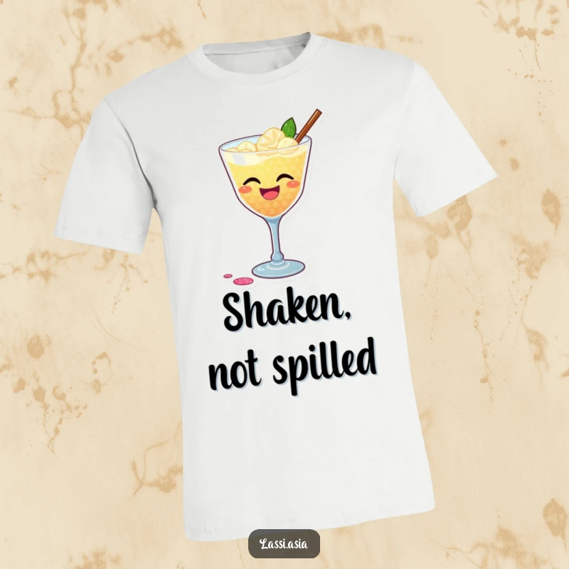Funny t-shirt depicting a laughing cocktail with a dazzling glittery shimmer, playfully spilling a tiny bit, embodying celebratory fun.