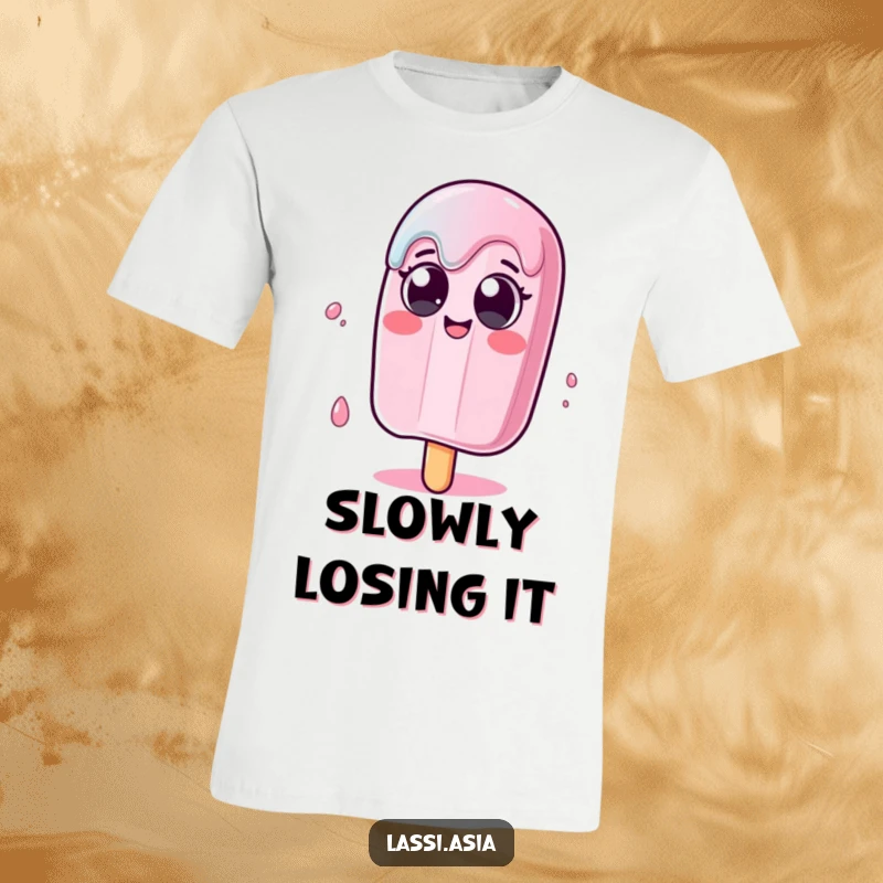 Funny melting popsicle character with wide eyes wobbling humorously on a t-shirt, showcasing a relatable, funny mood.